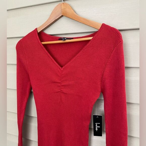 Lulu’s cute brick red ribbed knit dress Bodycon sz Small NWT trendy stretchy - Picture 3 of 16